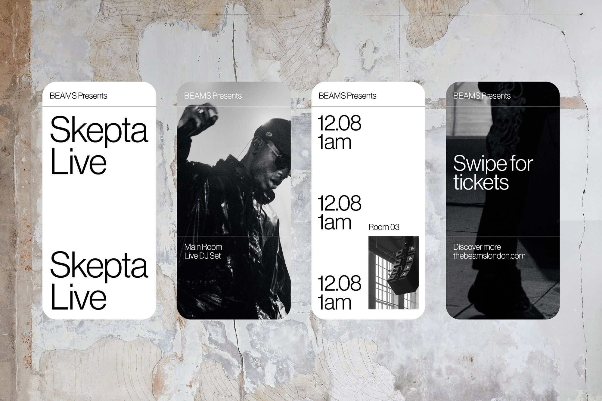 Flyer promoting Skepta Live at BEAMS with event details, dates, and location info against a textured, neutral-toned wall background.