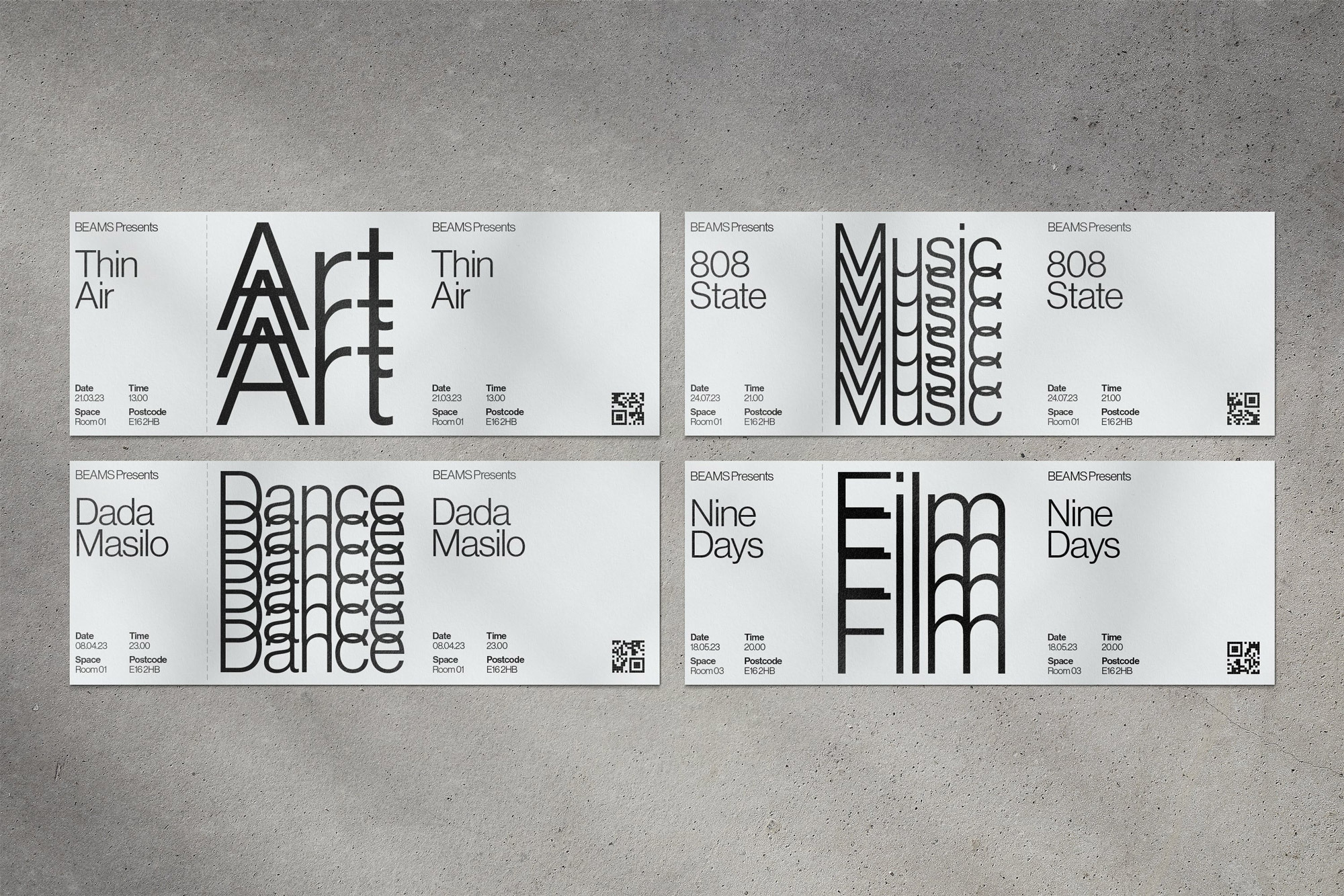 Four white event tickets for art, dance, film, and music events on a grey surface. The black typography gives the tickets a modern look.