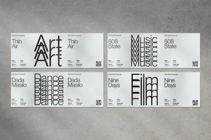 Four white event tickets for art, dance, film, and music events on a grey surface. The black typography gives the tickets a modern look.