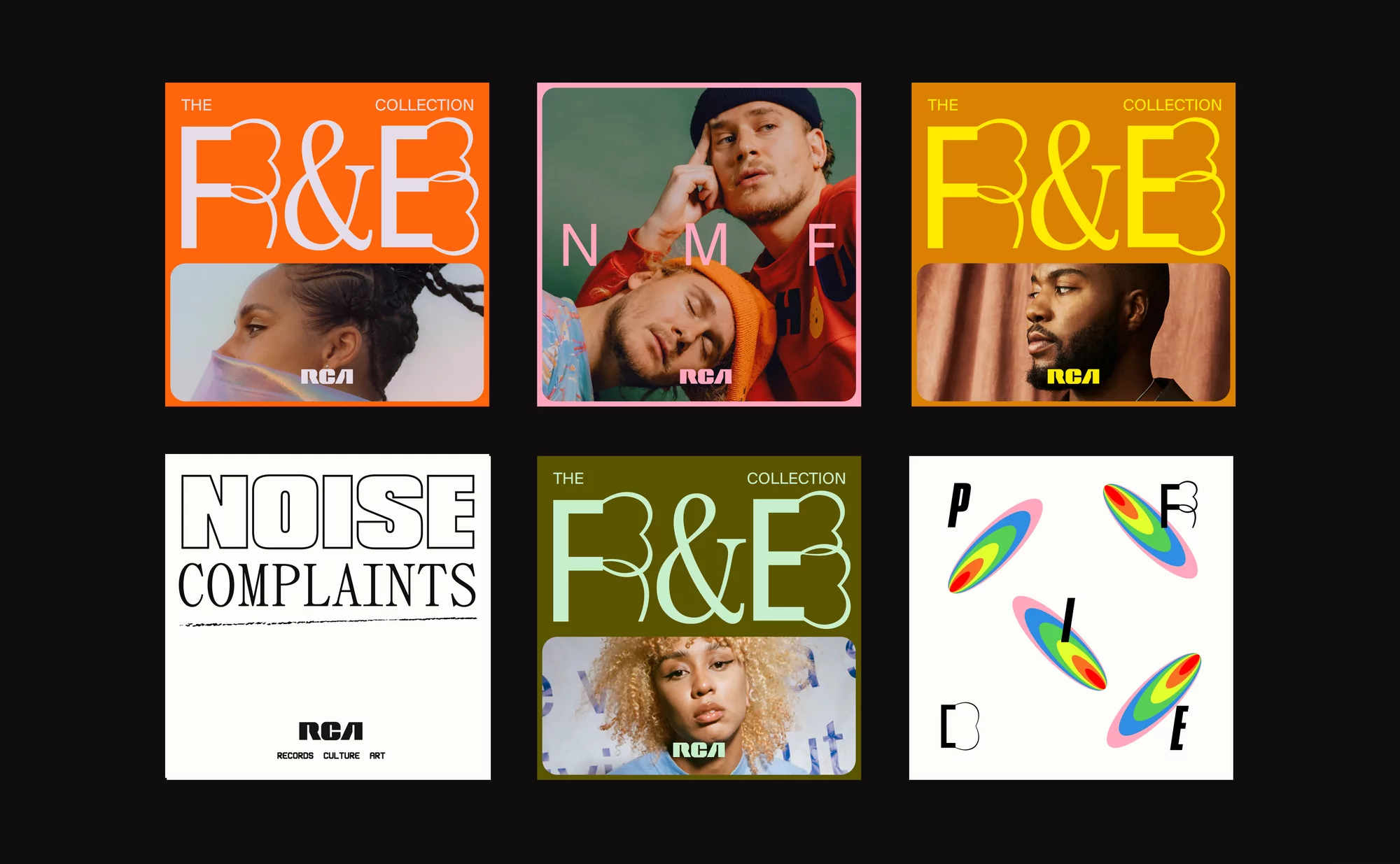 A collection of six music album covers, each featuring a unique design with typography, faces, and graphics, set against a dark backdrop.
