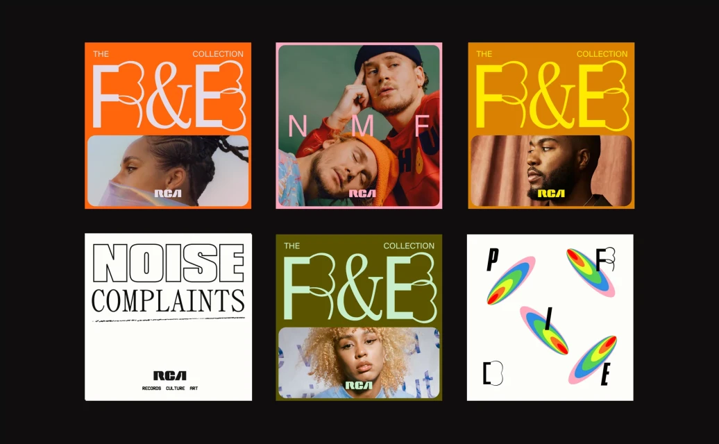 A collection of six music album covers, each featuring a unique design with typography, faces, and graphics, set against a dark backdrop.