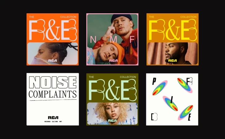 A collection of six music album covers, each featuring a unique design with typography, faces, and graphics, set against a dark backdrop.