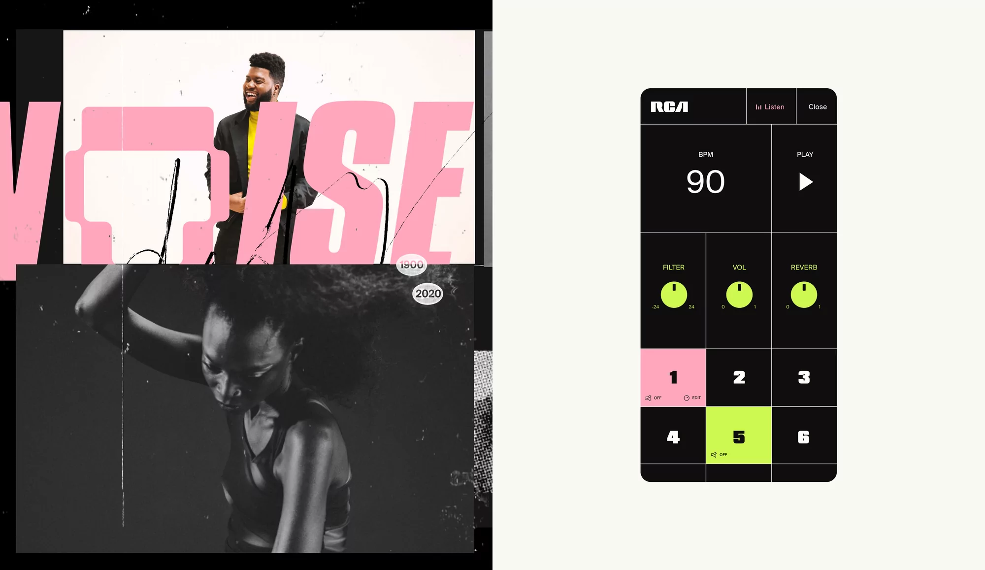 Digital art with a split composition: a man and woman's portrait with pink text on the left; a black music mixing app on the right.