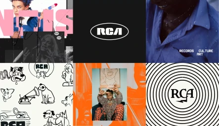 Collage of RCA brand identity graphics, typography, and photography panels including the RCA logo