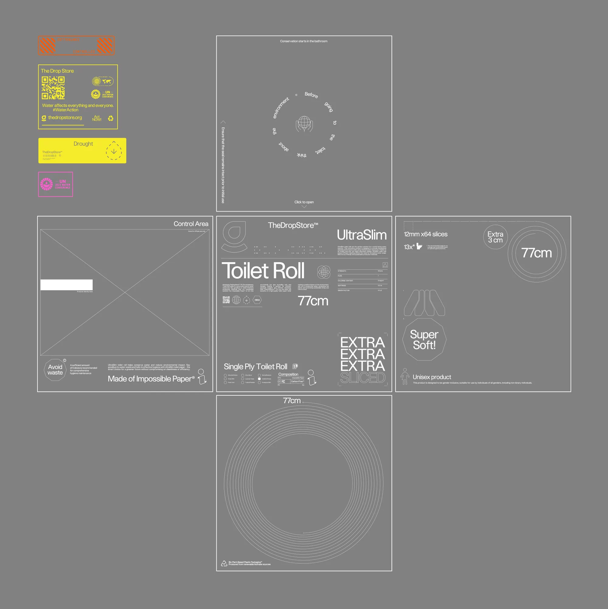Conceptual layout of a toilet roll packaging design with geometric patterns and typography on a gray background. Product design.