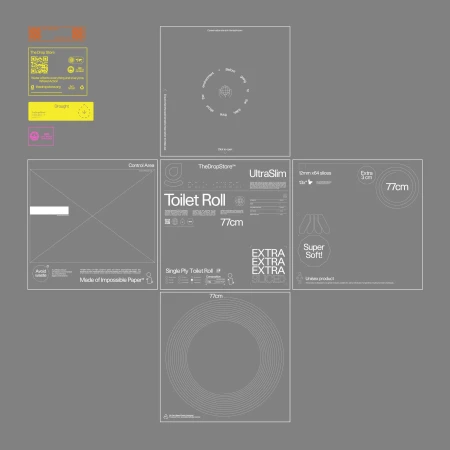 Conceptual layout of a toilet roll packaging design with geometric patterns and typography on a gray background. Product design.