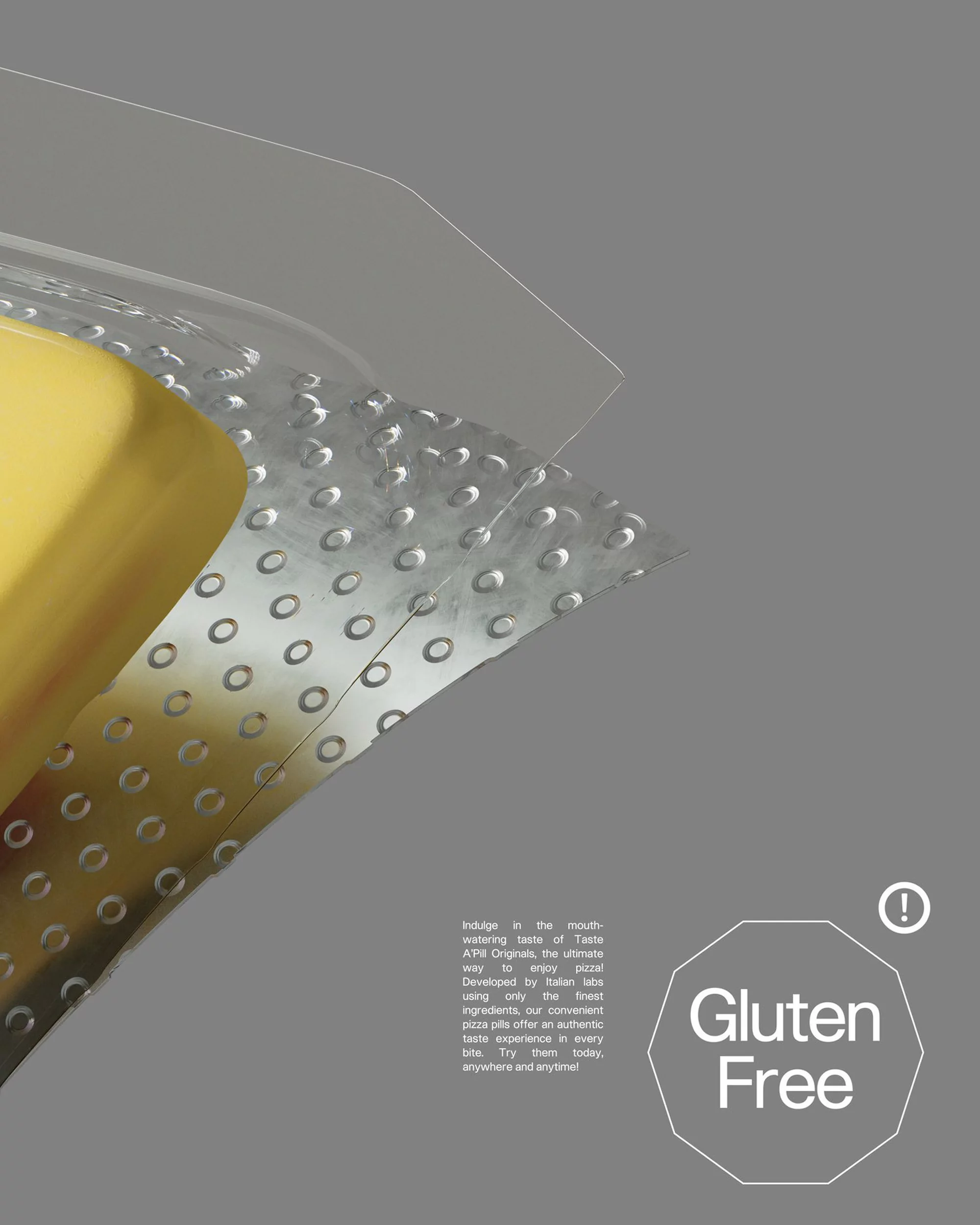 Close-up of a gluten-free product in packaging showing a yellow bar shape, silver texture, clear plastic, and the text Gluten Free.