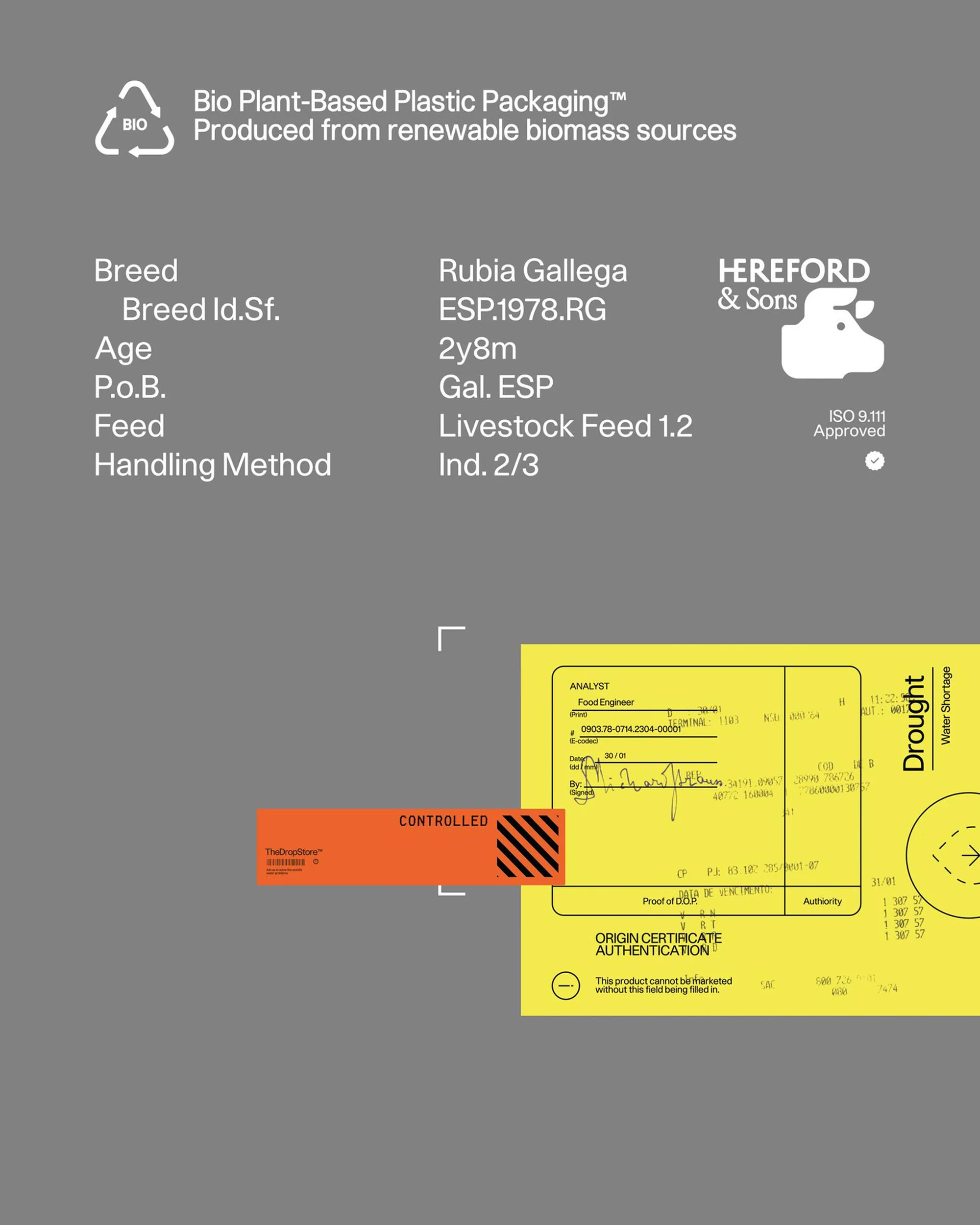 Close-up of a food packaging label featuring text about the breed, origin, and handling of the food product, along with certifications.