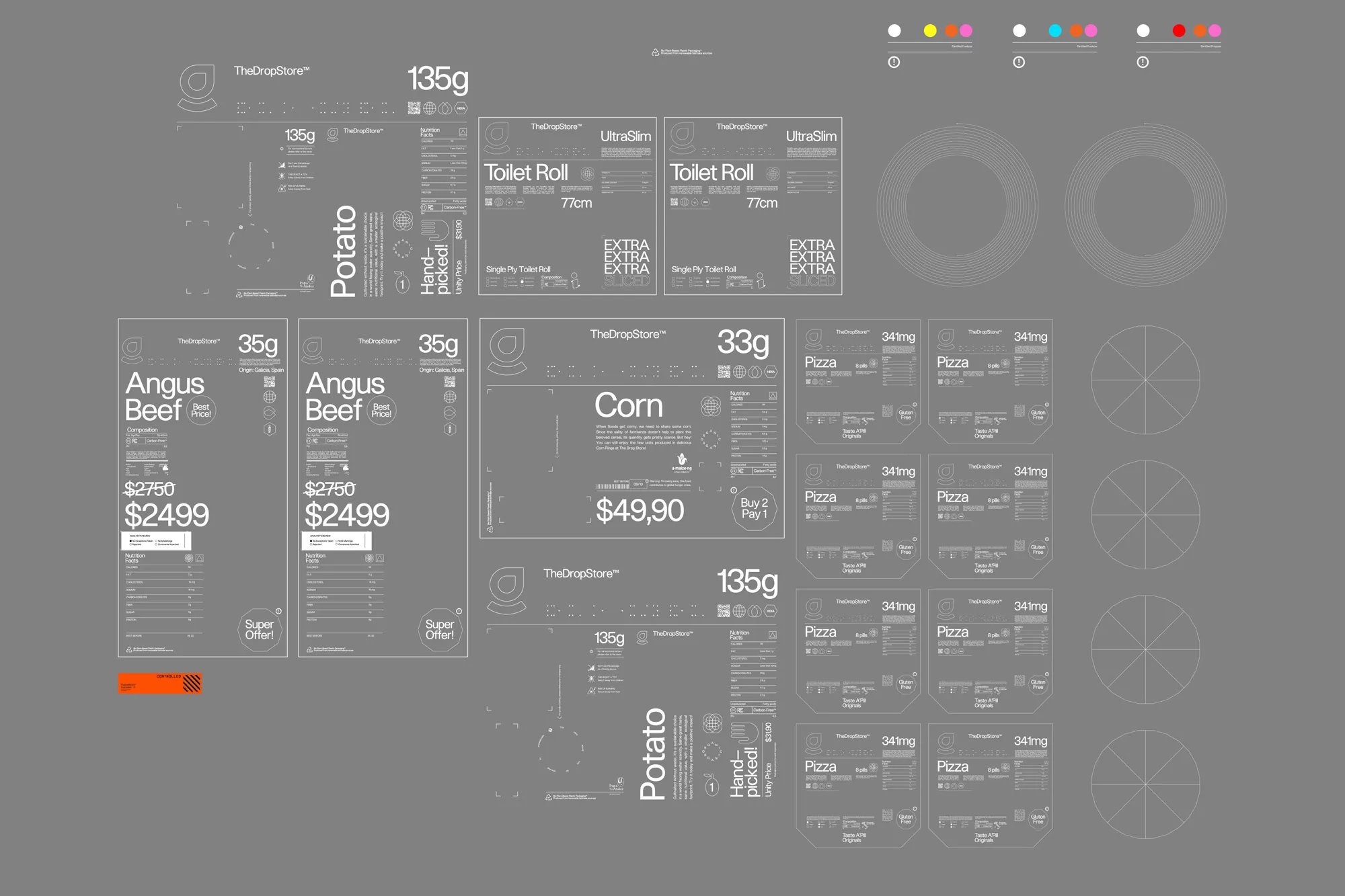 Digital rendering featuring stylized product labels for items such as beef, corn, pizza, and toilet paper set against a solid gray background.