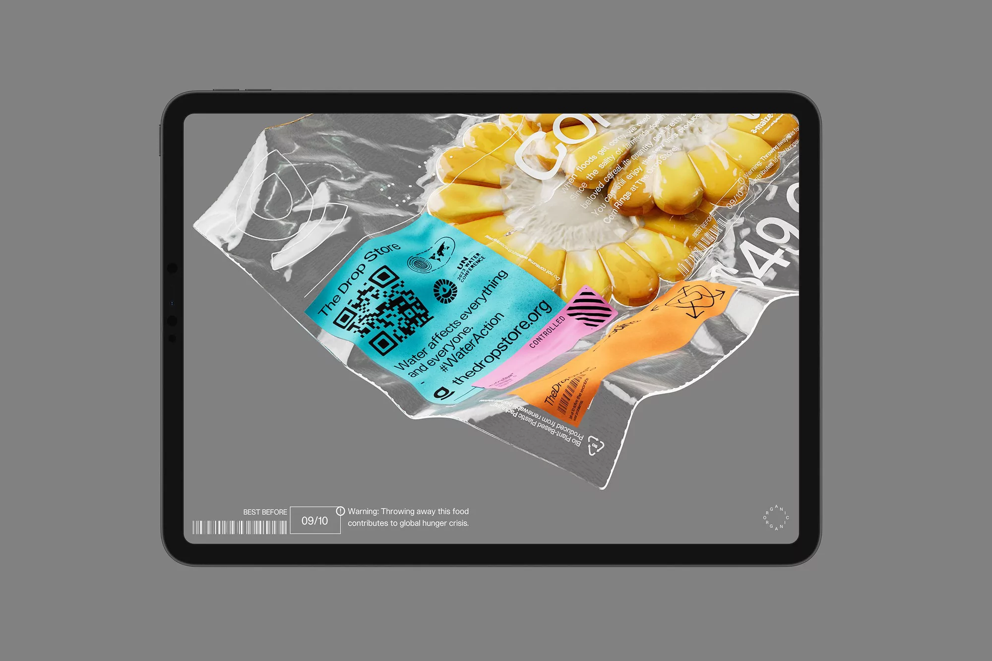 Tablet screen featuring a food item in a clear bag, accompanied by colorful labels and text promoting water conservation efforts.