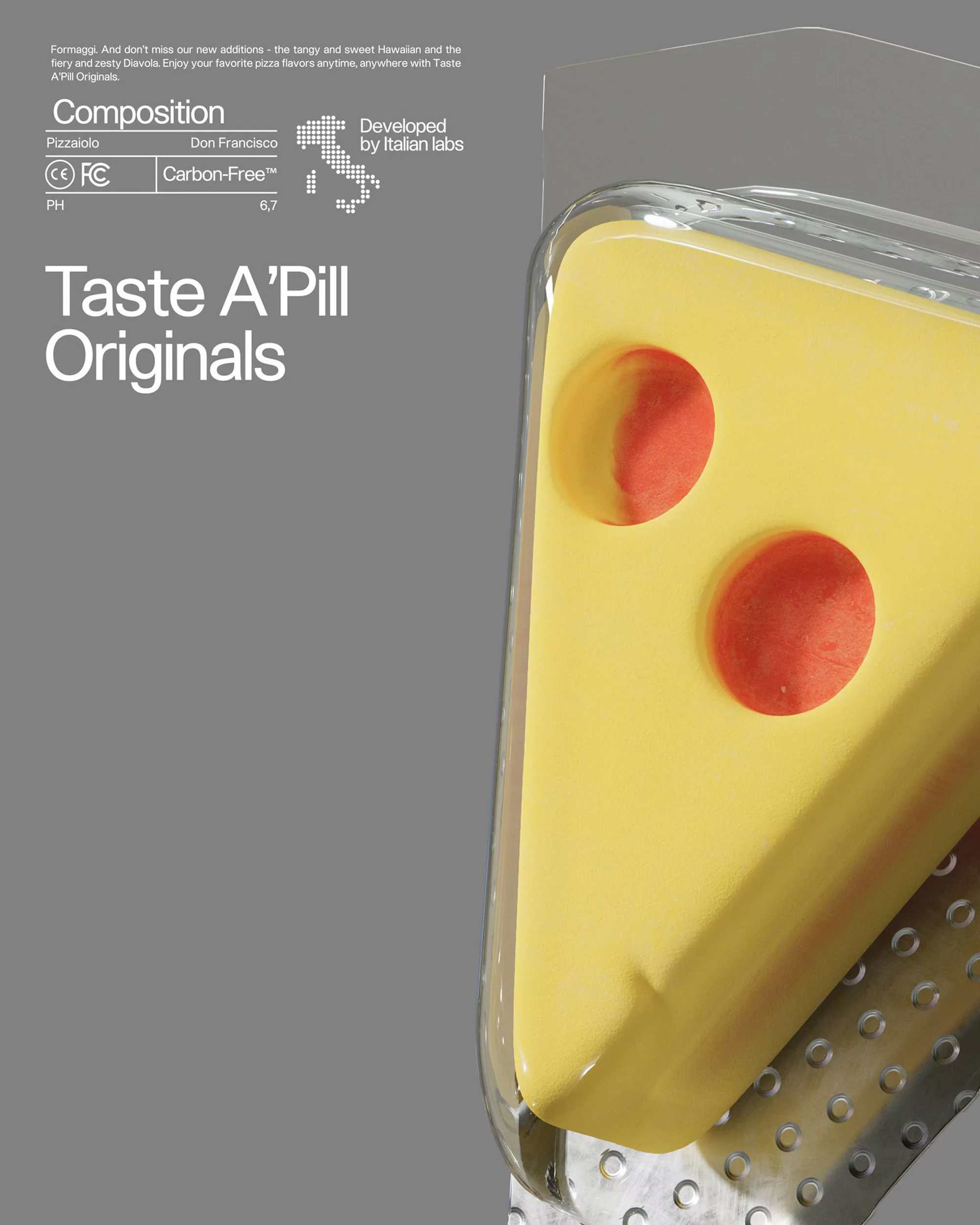 Taste A'Pill product in clear packaging, showcasing a triangular yellow form with circular red elements, displayed against a grey backdrop.