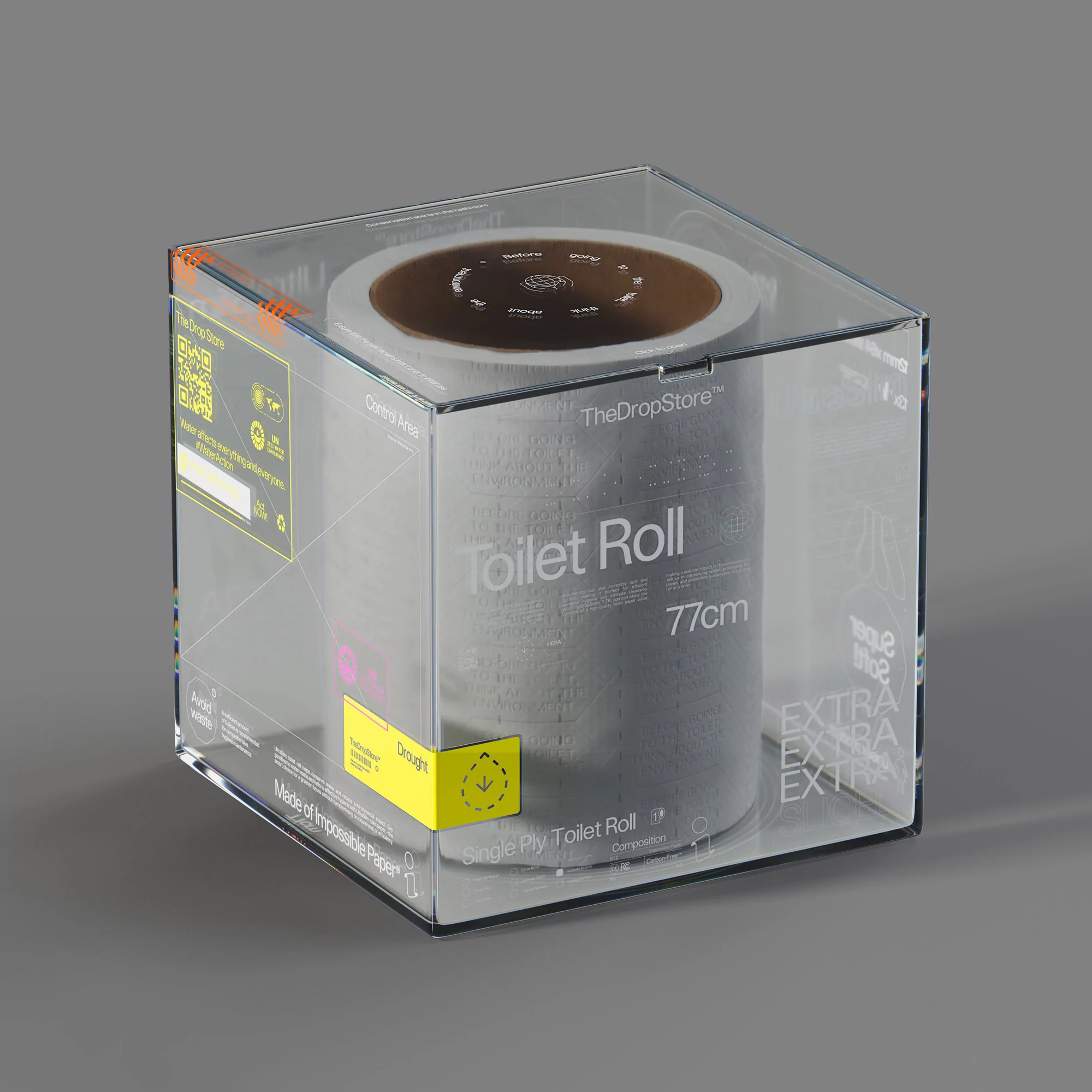 Art rendering of toilet paper in a transparent cube package, showcasing a modern design and neutral color palette against a grey background.