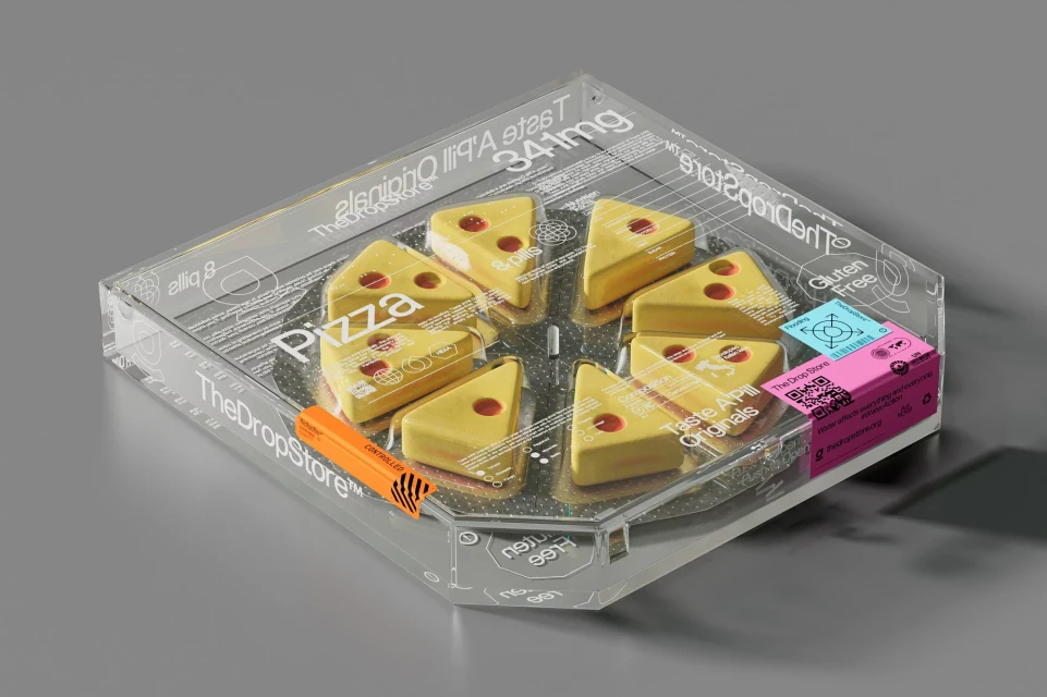 Overhead shot of pizza-shaped pills in a transparent container with medical-themed text and graphics, styled as a creative pharmaceutical product.