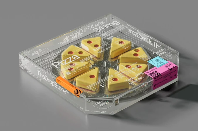 Overhead shot of pizza-shaped pills in a transparent container with medical-themed text and graphics, styled as a creative pharmaceutical product.