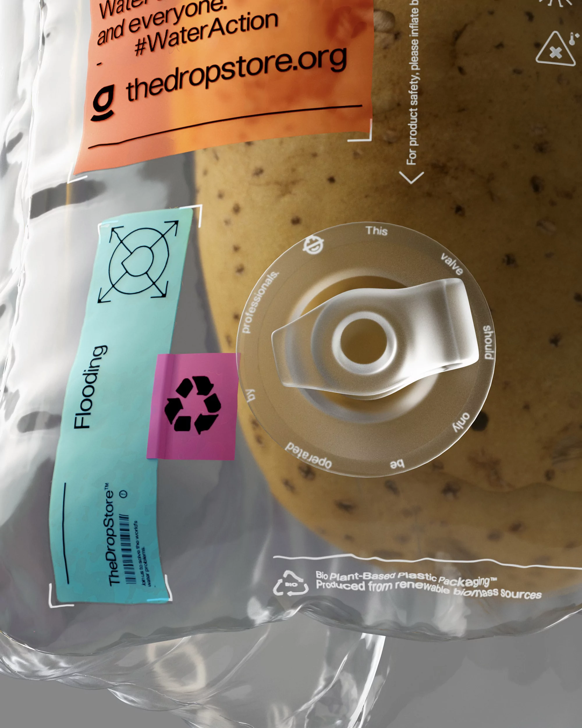 Conceptual product shot: clear plastic bag containing a beige liquid, featuring water conservation messaging and a unique dispensing valve.