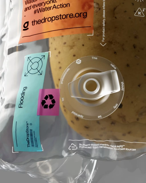 Conceptual product shot: clear plastic bag containing a beige liquid, featuring water conservation messaging and a unique dispensing valve.