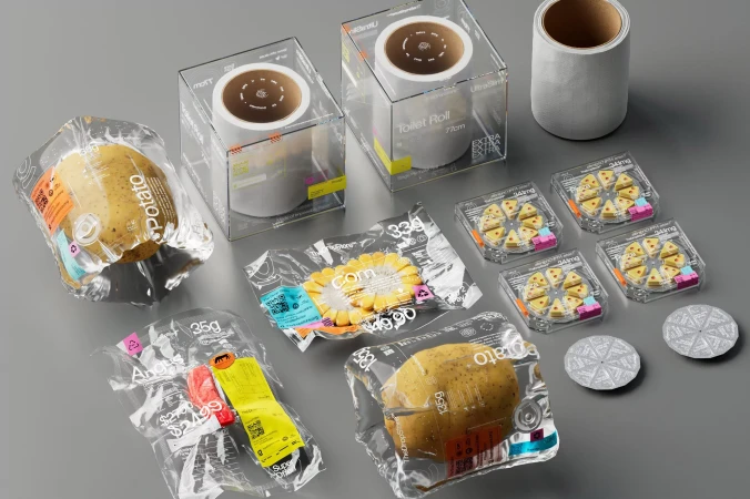 Still life shot of food packaging and household items, including potatoes, corn, toilet paper, and cheese, on a grey surface.