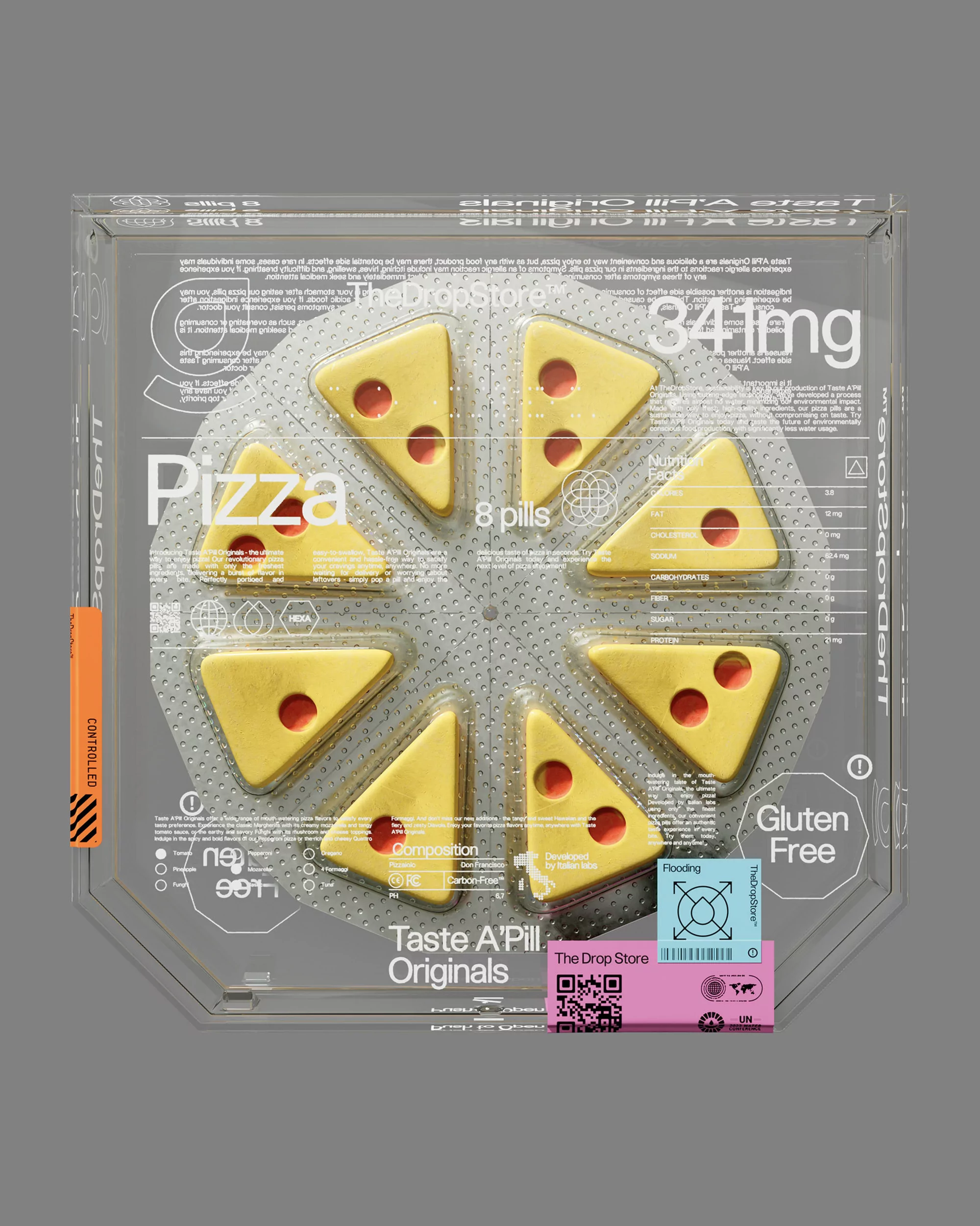 Novel conceptual image of pizza-flavored pills arranged in blister pack on gray background; artistic still life; product photography.
