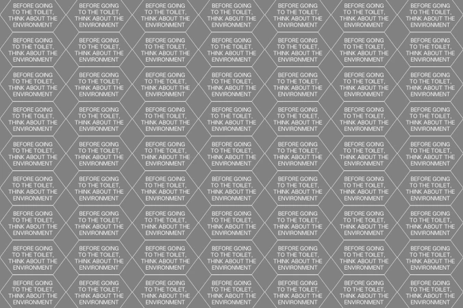 Pattern of repeated hexagons with environmental message, gray background. Design promotes ecological awareness and sustainable practices.