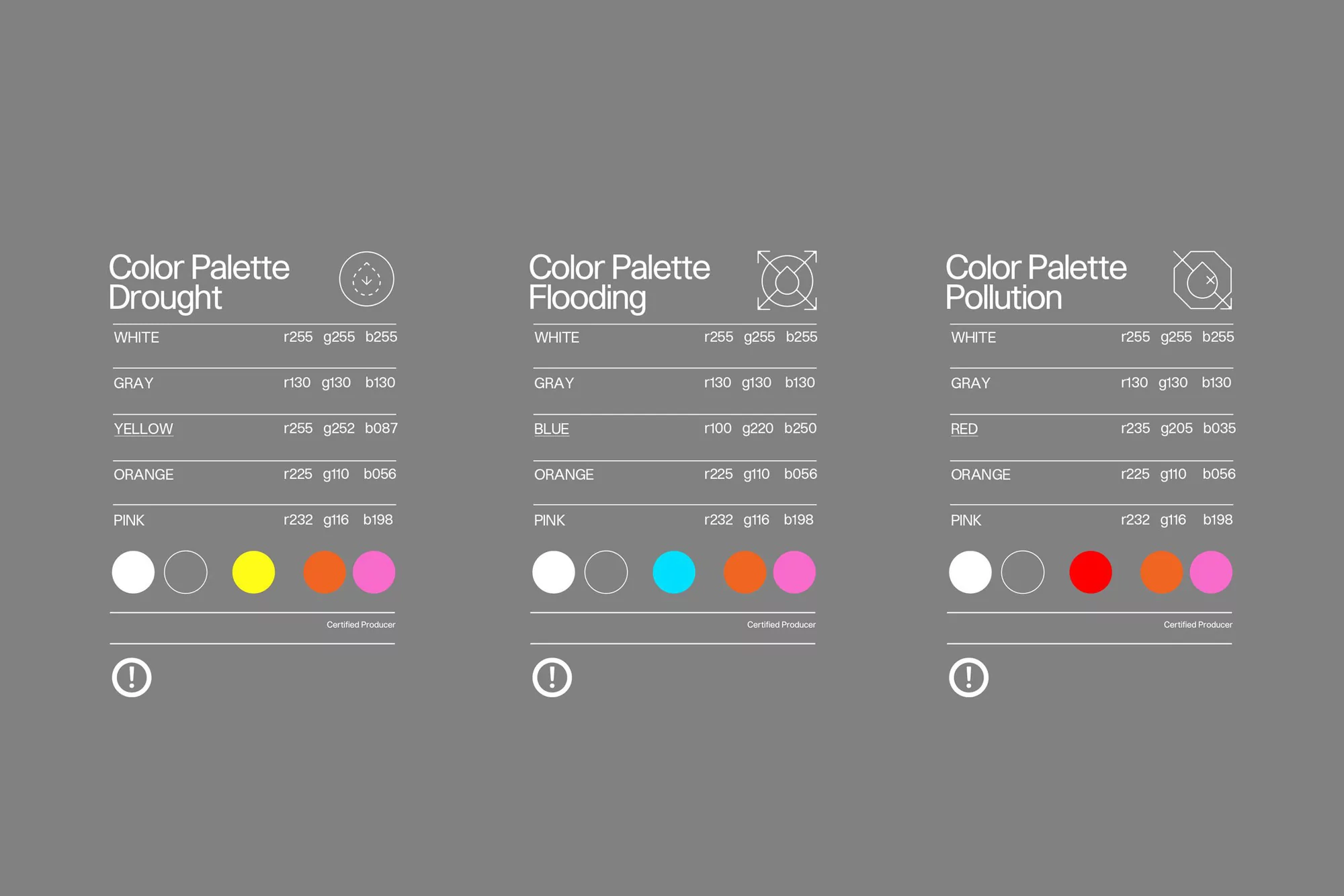 Color palette swatches display drought, flooding, and pollution themes with hex codes, presented on gray background in a flat, graphic style.
