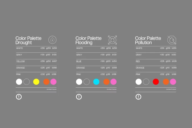 Color palette swatches display drought, flooding, and pollution themes with hex codes, presented on gray background in a flat, graphic style.