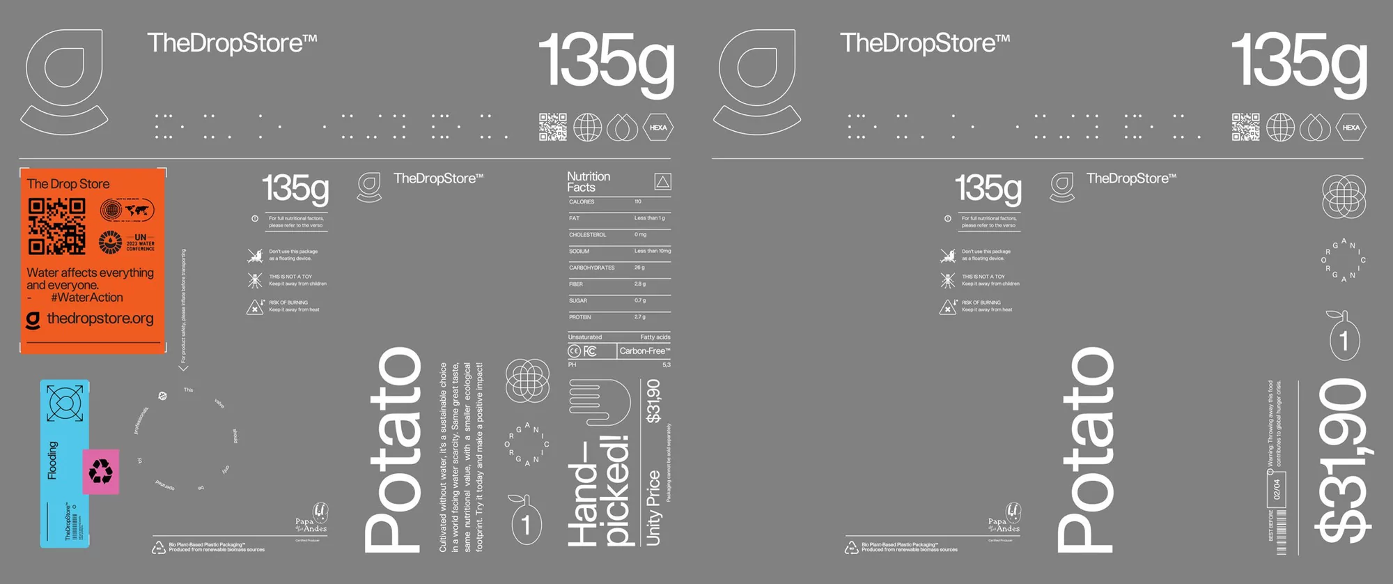 Graphic product labels featuring eco-friendly potato packaging with The Drop Store branding, environmental messaging, and nutritional information.