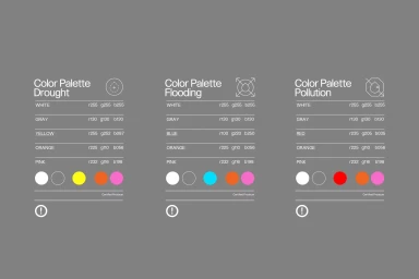Graphic design color palette infographic with three columns for drought, flooding, and pollution on a solid grey background