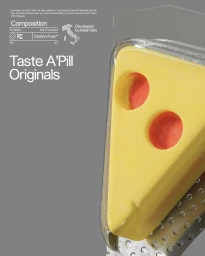 A wedge of yellow cheese shaped like a pharmaceutical blister pack against a grey background with graphic typography.