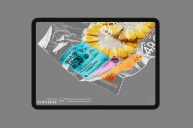 Tablet displaying a 3D rendered graphic of yellow corn kernels encased in a translucent, crinkled vacuum-sealed plastic bag.