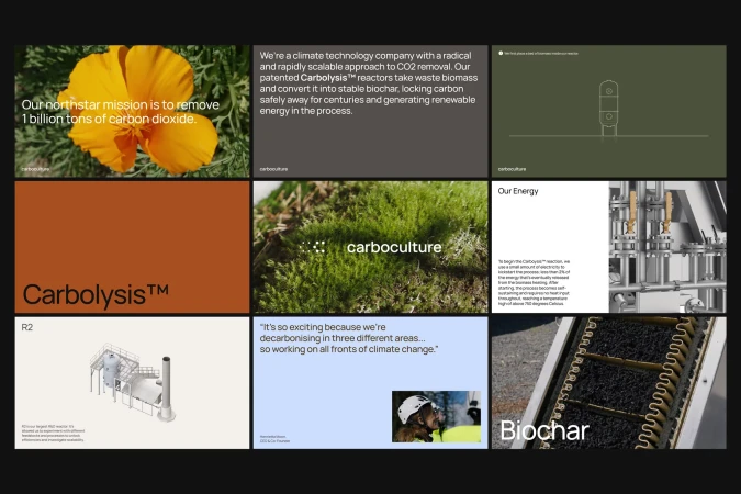 Collage of images and text from the Carboculture website showcasing their climate technology and approach to CO2 removal and biochar production.