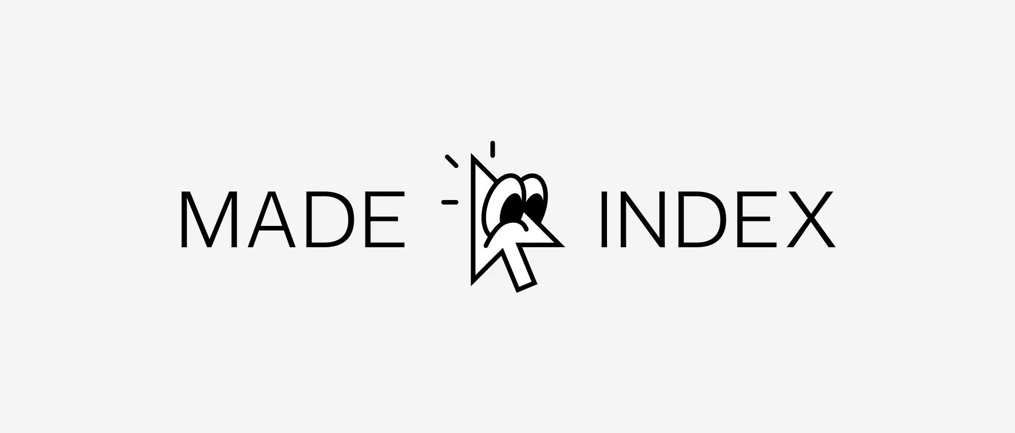 Logo art with bold typography 'MADE' and 'INDEX' flanking a cartoon mouse cursor face on white background, simple minimalist design.