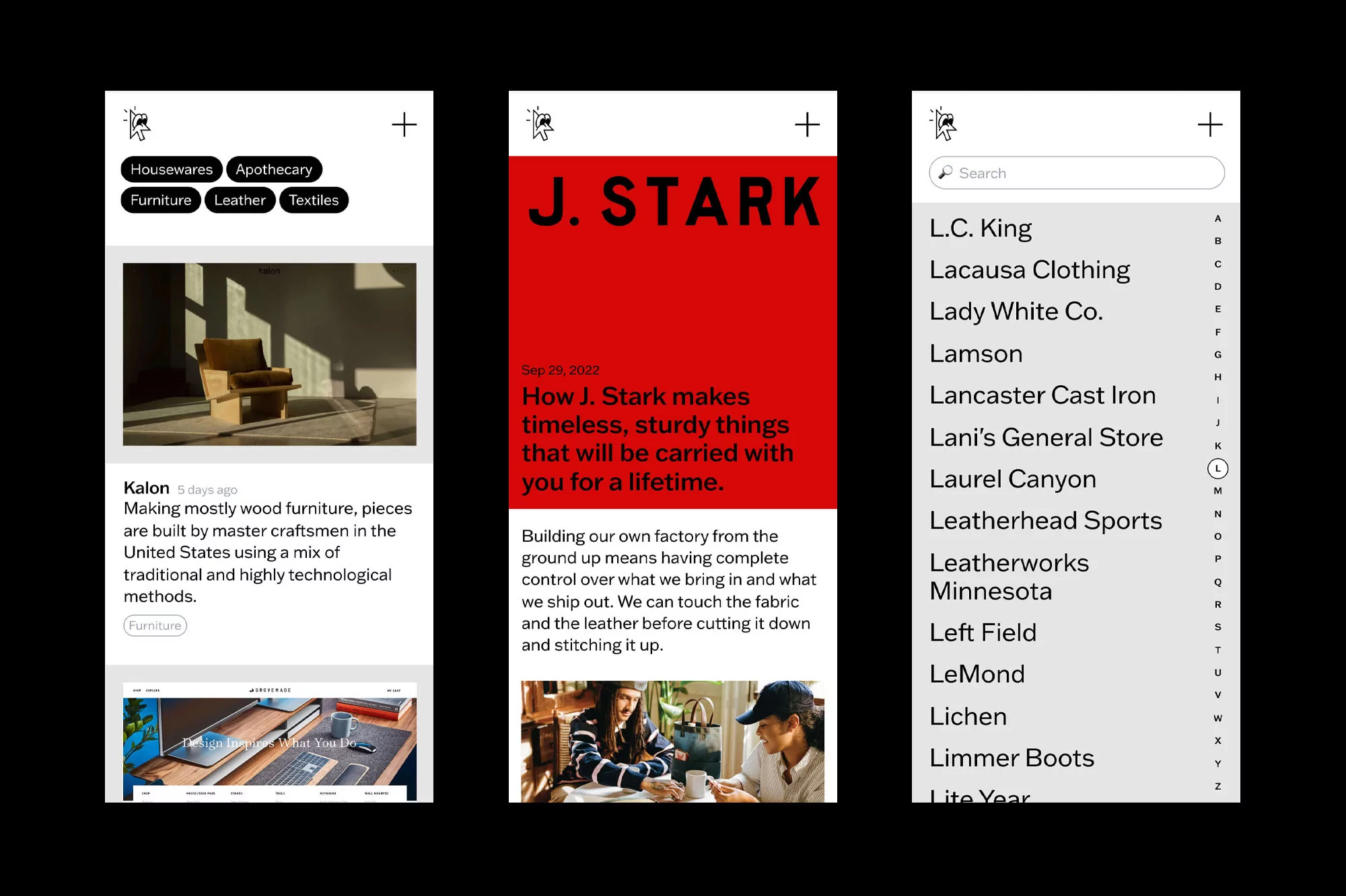 Mobile device screen captures of a furniture app with categories, brand advertisement, and a listing of brand names from A-Z.