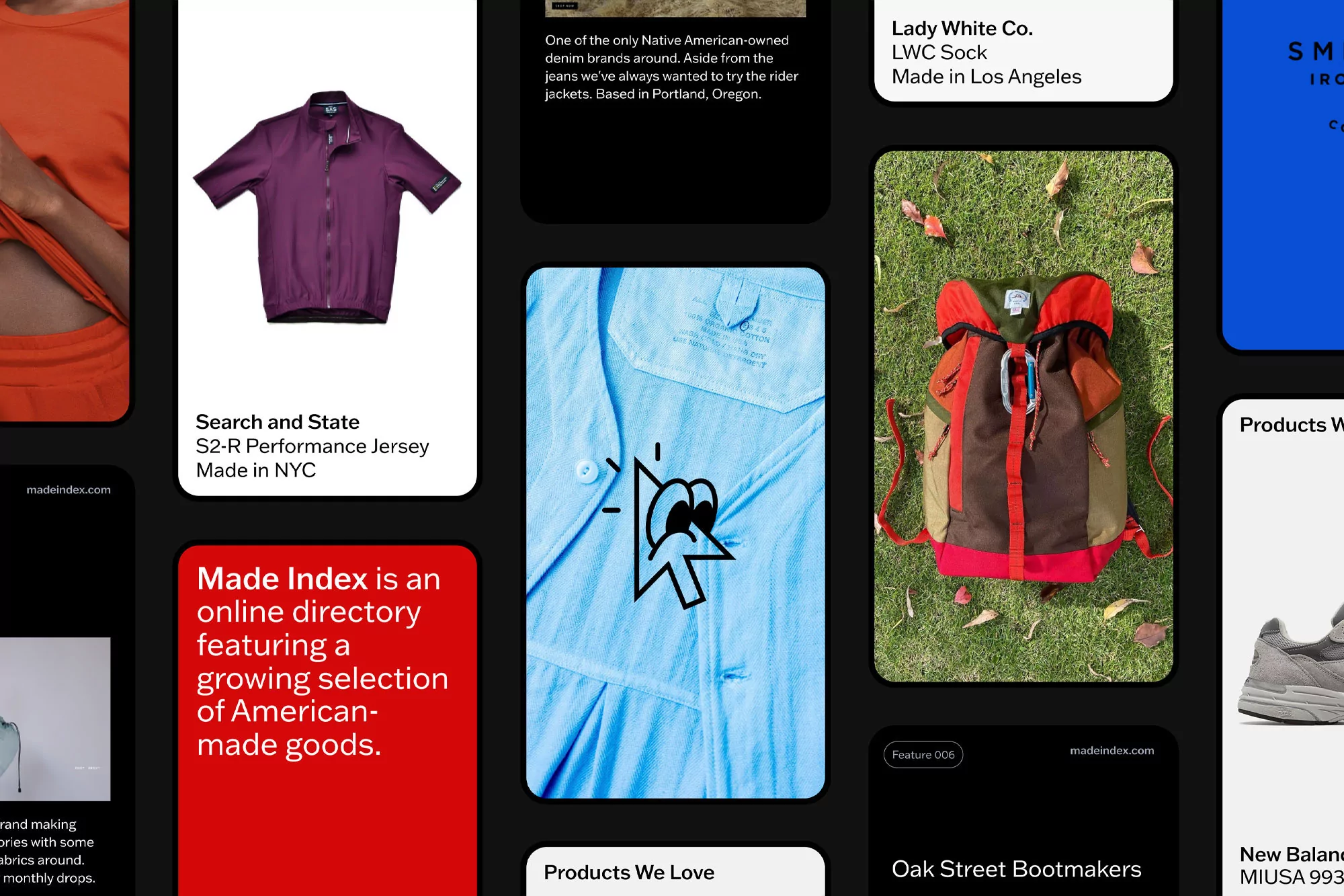 Collage of product images: clothing jersey, directory of American-made goods, blue collared shirt, backpack, and athletic shoes displayed.