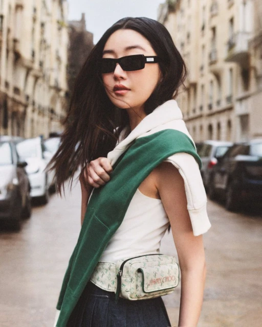 Woman in sunglasses poses on a city street wearing a white top, a green sweater over her shoulders, and a patterned belt bag.