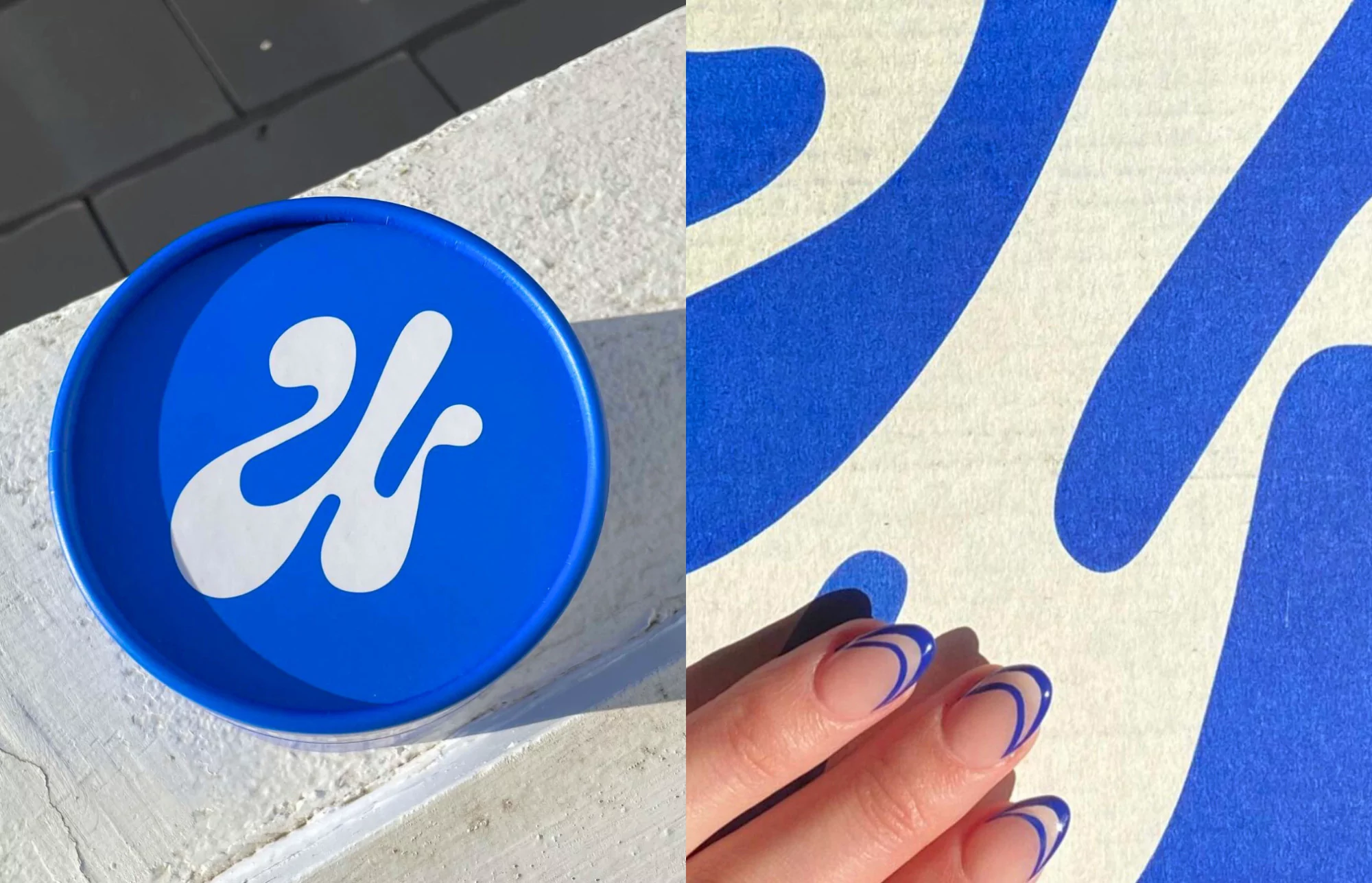 Top-down split-screen image: Blue and white container and a woman's hand with blue-outlined nails, over blue and white background.