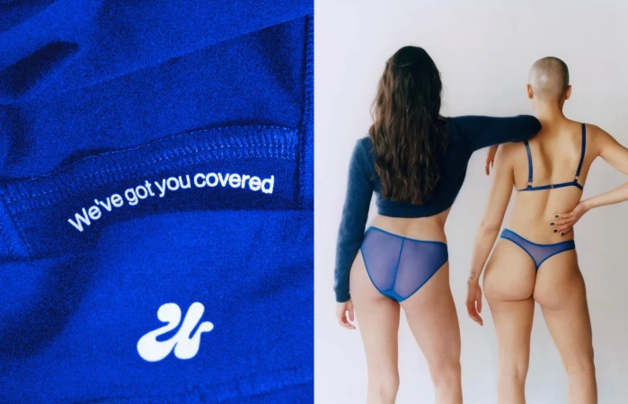Two women in blue lingerie posing in a minimalist setting, showcasing the brand's inclusive and body-positive message.