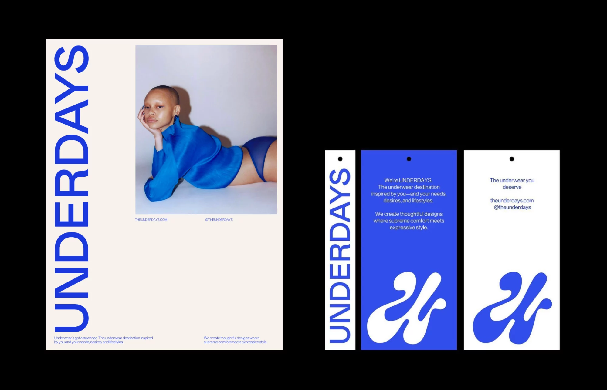 Fashion ad featuring a fair-skinned model in a blue outfit, lying down. The word 'UNDERDAYS' is shown multiple times in blue and black.