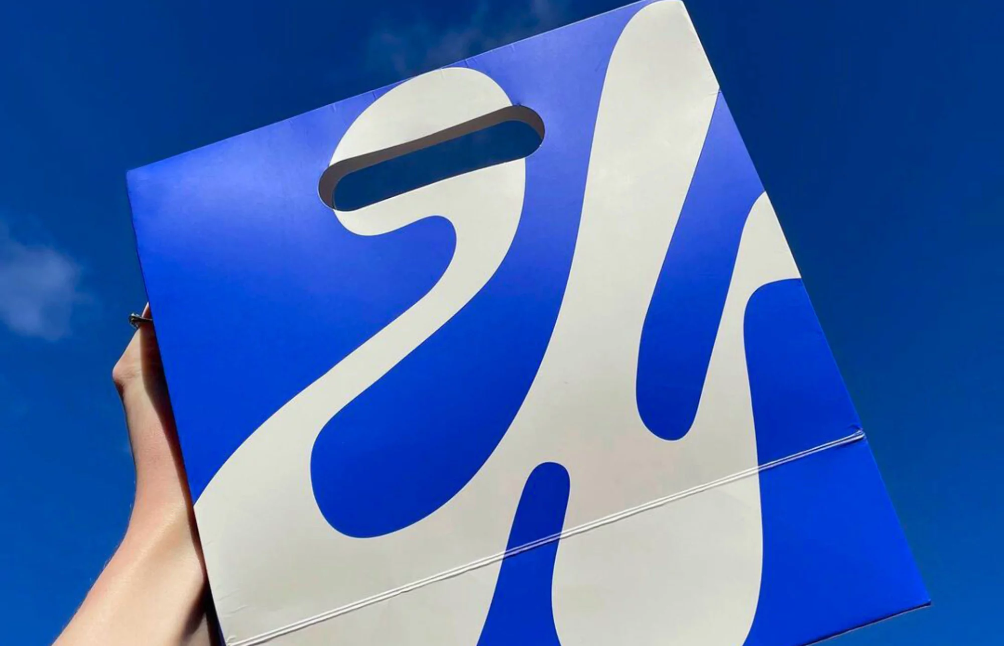 Close-up of a blue shopping bag with a white design held up against a clear blue sky on a sunny day.