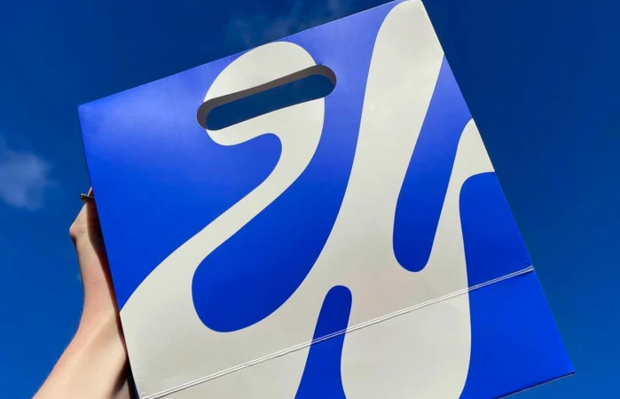 Close-up of a blue shopping bag with a white design held up against a clear blue sky on a sunny day.