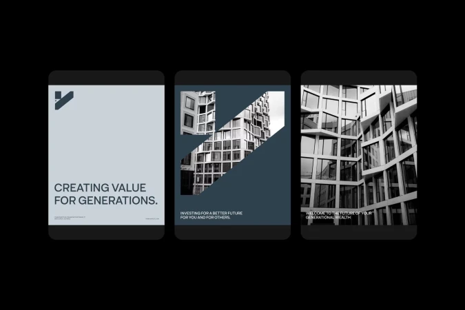 Three dark posters showcase modern architecture and company branding in a clean, minimalist design against a black background.