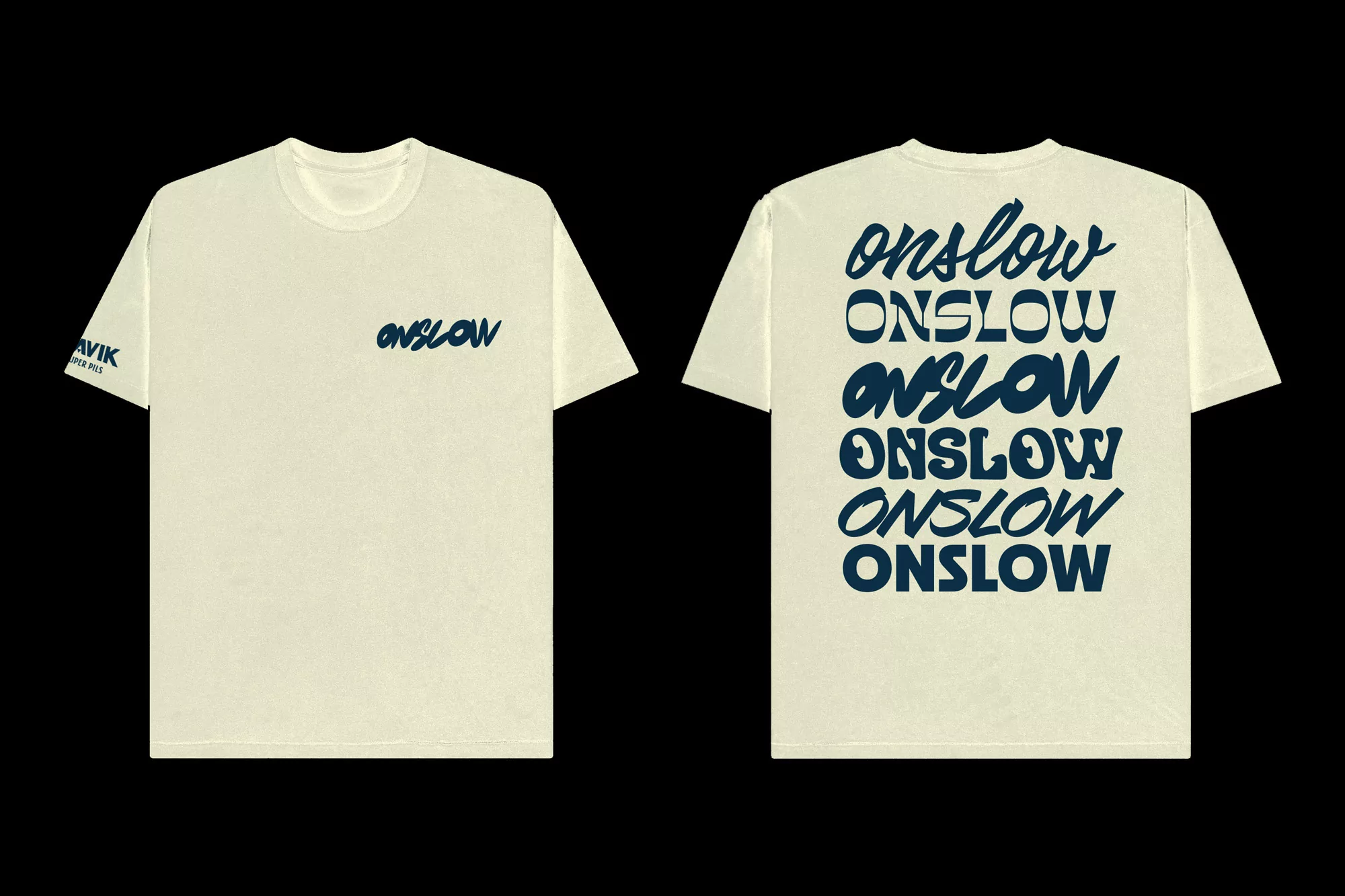 An off-white t-shirt with the word "onslow" in navy blue script is displayed on the front and back of the garment on a dark background.