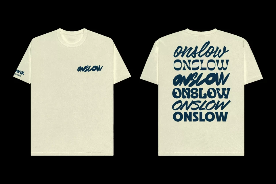 An off-white t-shirt with the word "onslow" in navy blue script is displayed on the front and back of the garment on a dark background.