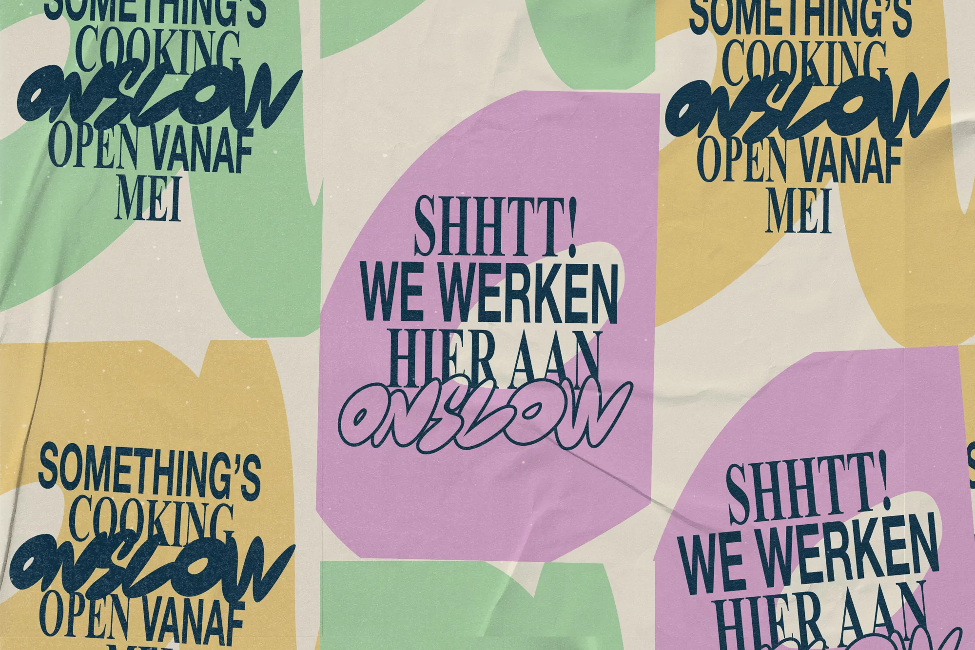 Graphic design collage with colorful shapes and bold typography, featuring phrases like 'Something's Cooking' and 'Open Vanaf Mei.'