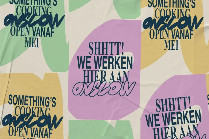 Graphic design collage with colorful shapes and bold typography, featuring phrases like 'Something's Cooking' and 'Open Vanaf Mei.'