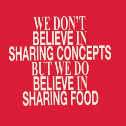 Bold typographic poster for Onslow with cream-colored text reading we dont believe in sharing concepts against a solid red background