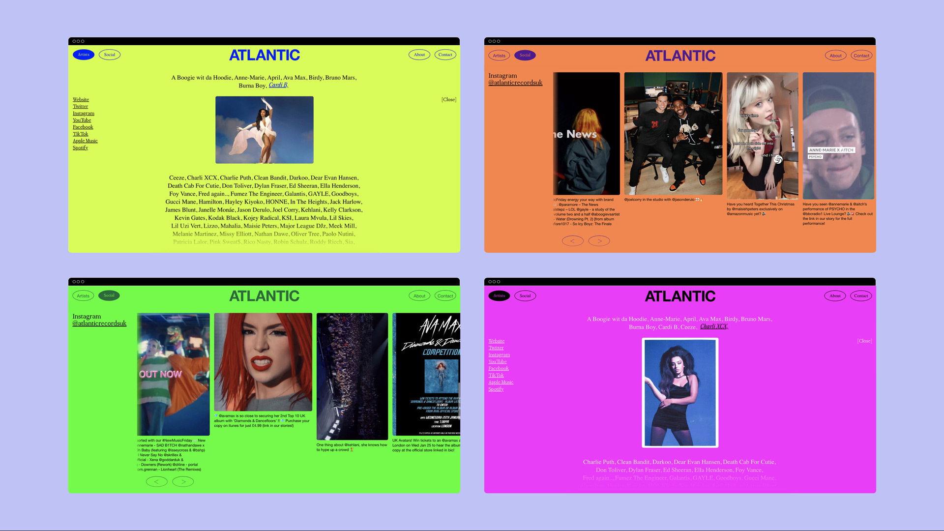 Collage of Atlantic Records webpages on a light blue background showcasing musicians A Boogie wit da Hoodie, Ava Max, and others.