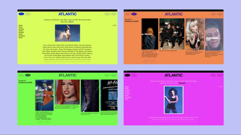 Collage of Atlantic Records webpages on a light blue background showcasing musicians A Boogie wit da Hoodie, Ava Max, and others.
