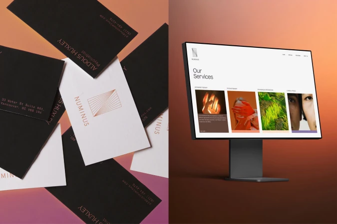 Promotional image featuring business cards and a computer monitor displaying a website, set against a gradient backdrop.