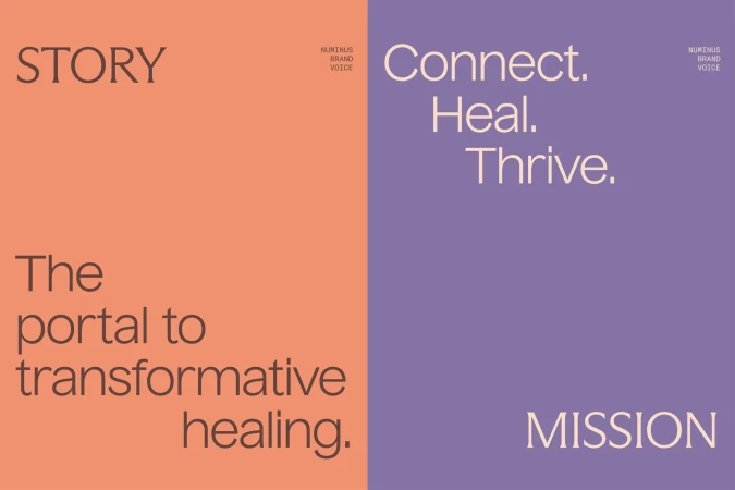 Motivational graphic featuring words "Story" and "Mission" on peach and lavender background, with Numinus Brand Voice and positive words.