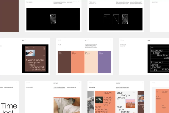 Graphic design showcase with layout examples, color palettes, and typography samples on a white background. Clean and modern aesthetic.